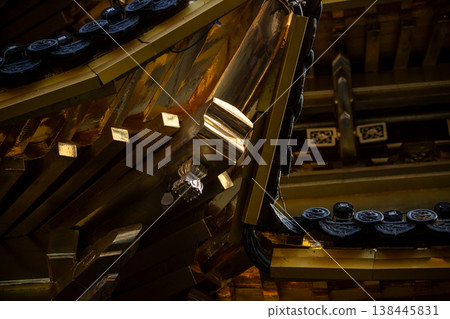 Detailed view of decorative temple architecture featuring elegant curved rooflines Detailed view of decorative temple architecture featuring elegant curved rooflines 138445831