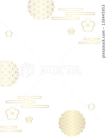 Japanese-style decorative frame, clouds, plum blossoms, and Japanese patterns, vertical orientation. 138445953