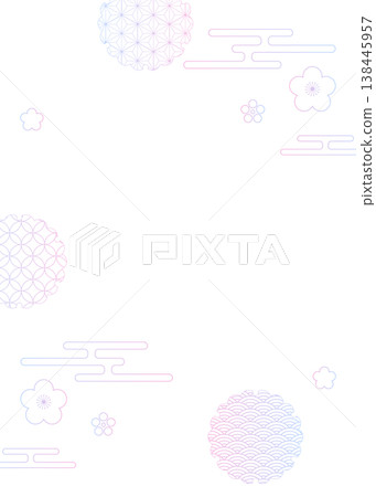 Japanese-style decorative frame, clouds, plum blossoms, and Japanese patterns, vertical orientation. 138445957