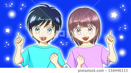 繁星點點的夜空，一幅動漫風格的男孩女孩插畫。 138446115