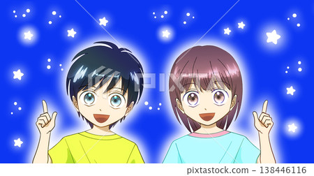繁星點點的夜空，一幅動漫風格的男孩女孩插畫。 138446116