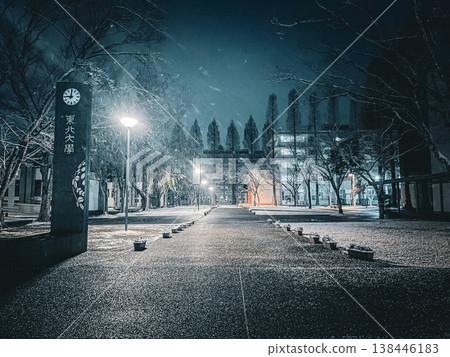 Tohoku University at night, covered in snow Tohoku University at night, covered in snow 138446183