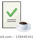 Watercolor illustration of a document with a checkmark and coffee. A simple business design symbolizing task completion or approval. 138446341