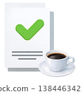 Watercolor illustration of a document with a checkmark and coffee. A simple and gentle design for business use, representing approval or completion. 138446342