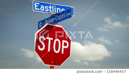 Red octagonal stop sign mounted beneath blue street signs at an intersection against a bright blue sky with fluffy clouds, conveying traffic control, safety, direction and urban signage Red octagonal stop sign mounted beneath blue street signs at an intersection against a bright blue sky with fluffy clouds, conveying traffic control, safety, direction and urban signage 138446457