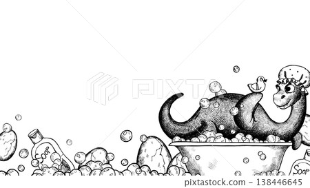 A frame featuring a cheerful dinosaur taking a bubble bath with a duckling 138446645