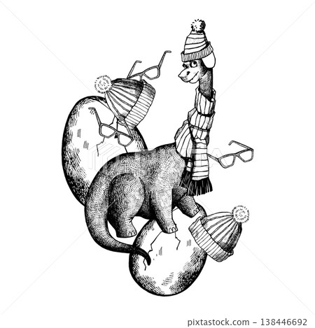 A cute diplodocus dinosaur wearing a knitted hat with a pom-pom and scarf A cute diplodocus dinosaur wearing a knitted hat with a pom-pom and scarf 138446692