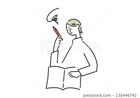 一幅線條畫插圖,描繪了一位女士在筆記本前集思廣益。 一幅線條畫插圖,描繪了一位女士在筆記本前集思廣益。 138446742