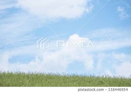 猿飛高原清爽的夏日藍天與草原 猿飛高原清爽的夏日藍天與草原 138446954