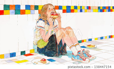 一個女孩坐在地上吃蛋糕 一個女孩坐在地上吃蛋糕 138447154