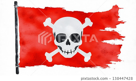 Red Pirate Flag with Skull and Crossbones Icon Perfect for Adventure and Maritime Themes 138447428