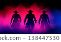 Mysterious silhouettes of cowboys with guns against colorful smoke background at dusk 138447530