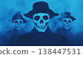 Mysterious Ghostly Figures with Skull Heads and Dark Hats in a Blue Foggy Background 138447531