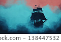 Dramatic Silhouette of a Vintage Ship Sailing Through Colorful Mystic Fog at Sunset 138447532