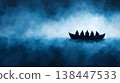 Four Silhouetted Figures in Canoe Gliding Through Misty Water Under a Blue Abstract Sky 138447533