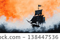 Mysterious Black Pirate Ship Sailing Through Dramatic Orange and Gray Cloudy Sky 138447536