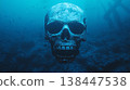 Mysterious Underwater Skull Surrounded by Dark Blue Ocean Depths and Sunken Treasures 138447538