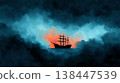 Mysterious Sailing Ship in Stormy Waters Under Dark Clouds and Glowing Sunset Background 138447539