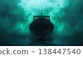 Mysterious Ship Emerging from Foggy Waters at Night with Eerie Green Lighting Effects 138447540
