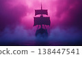Mysterious Ship Sailing Through Fog and Purple Clouds at Dusk in Moody Atmosphere 138447541