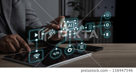 AI automation workflow for business technology with artificial intelligence, data processing, cloud systems, software integration, digital transformation, and enterprise productivity solutions. AI automation workflow for business technology with artificial intelligence, data processing, cloud systems, software integration, digital transformation, and enterprise productivity solutions. 138447546
