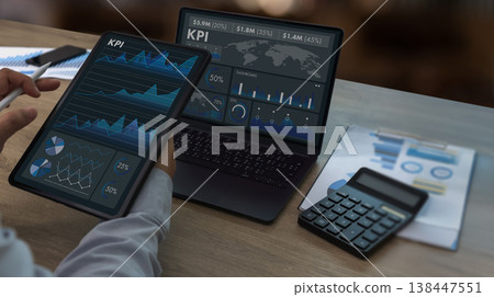 Financial data analysis and KPI dashboard with performance metrics, reporting, budgeting, forecasting, and business analytics for strategic decision making. Financial data analysis and KPI dashboard with performance metrics, reporting, budgeting, forecasting, and business analytics for strategic decision making. 138447551