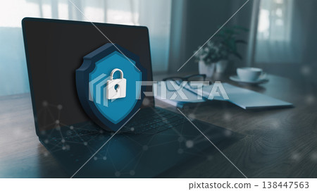 Cyber security and data protection concept featuring a laptop with shield lock icon, representing network security, data privacy, encryption, and secure digital information in modern business Cyber security and data protection concept featuring a laptop with shield lock icon, representing network security, data privacy, encryption, and secure digital information in modern business 138447563