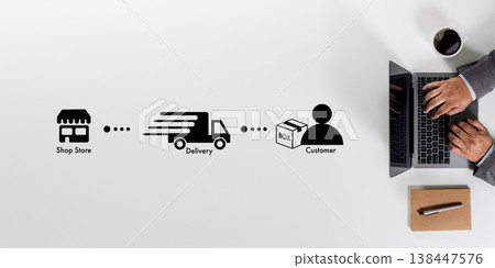 Shipping and delivery tracking interface on laptop with clear order flow, ideal for courier service advertising, ecommerce banners, package status content, and logistics presentations. Shipping and delivery tracking interface on laptop with clear order flow, ideal for courier service advertising, ecommerce banners, package status content, and logistics presentations. 138447576