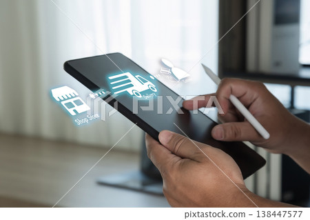 Order tracking delivery concept on tablet with digital store, shipping, and customer icons, suitable for logistics marketing, courier service pages, and ecommerce workflow presentations. Order tracking delivery concept on tablet with digital store, shipping, and customer icons, suitable for logistics marketing, courier service pages, and ecommerce workflow presentations. 138447577