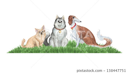 A watercolor illustration of dogs of various breeds 138447751