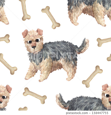 A pattern featuring a cute curly terrier and a tasty bone A pattern featuring a cute curly terrier and a tasty bone 138447755