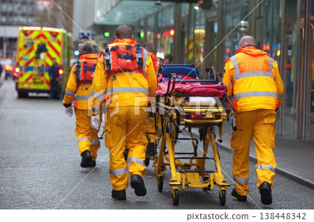 A team of paramedics transports a stretcher, highlighting their vital role in emergency medical response and patient care within the urban environment 138448342