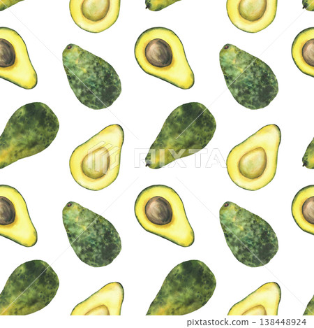 Avocado seamless pattern. Watercolor whole and cut fruit half with seed. Hand painted illustration on isolated white background for Food fabric, kitchen wallpaper, healthy products packaging design. Avocado seamless pattern. Watercolor whole and cut fruit half with seed. Hand painted illustration on isolated white background for Food fabric, kitchen wallpaper, healthy products packaging design. 138448924