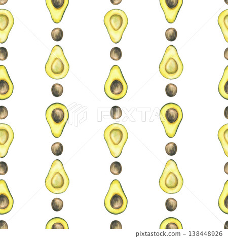 Avocado seamless pattern. Watercolor Whole and cut fruit halves with and without seed. Hand drawn illustration on isolated white background vertical striped design for Food fabric, kitchen wallpaper. Avocado seamless pattern. Watercolor Whole and cut fruit halves with and without seed. Hand drawn illustration on isolated white background vertical striped design for Food fabric, kitchen wallpaper. 138448926