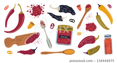 Pepper clipart set, flat cartoon chili, jalapeno and banana peppers, fresh and dried. Spice jars, wooden spoons with seasoning blends, scattered pepper mix, vector illustration for cooking, food theme Pepper clipart set, flat cartoon chili, jalapeno and banana peppers, fresh and dried. Spice jars, wooden spoons with seasoning blends, scattered pepper mix, vector illustration for cooking, food theme 138448975