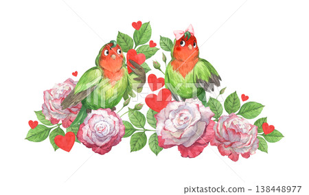 A romantic illustration featuring two parrots and hearts 138448977