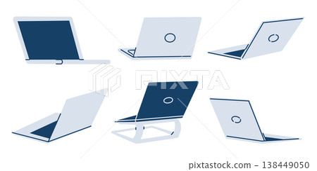 Laptop clipart set, flat cartoon open notebooks in various angles, on stand and desk, screen-forward and lid forward views. Computer and tech equipment vector illustration Laptop clipart set, flat cartoon open notebooks in various angles, on stand and desk, screen-forward and lid forward views. Computer and tech equipment vector illustration 138449050