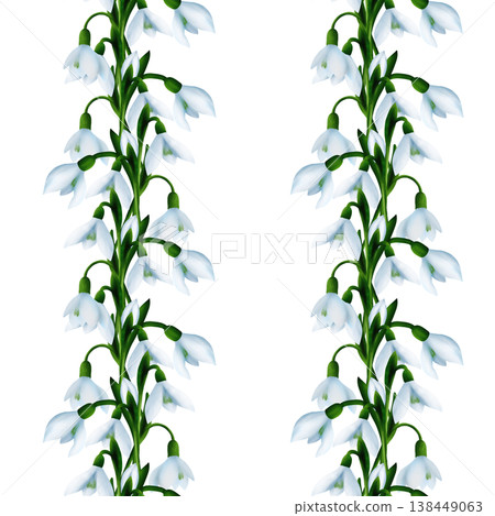 White snowdrops, green branches. Seamless floral botanical pattern. Digital watercolor hand drawn White snowdrops, green branches. Seamless floral botanical pattern. Digital watercolor hand drawn 138449063