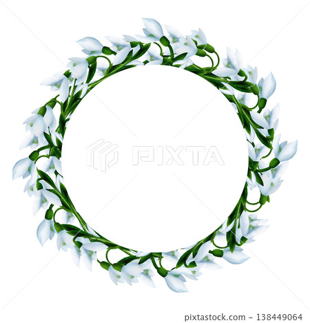 Round wreath, frame with white snowdrops, green branches, bloom flowers with green leaves. Digital watercolor Round wreath, frame with white snowdrops, green branches, bloom flowers with green leaves. Digital watercolor 138449064