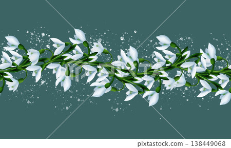 White snowdrops, green branches, splashes. Seamless floral botanical border. Digital watercolor hand drawn. For design of invitations, certificates, postcards, posters, flyers, textiles, stationery White snowdrops, green branches, splashes. Seamless floral botanical border. Digital watercolor hand drawn. For design of invitations, certificates, postcards, posters, flyers, textiles, stationery 138449068