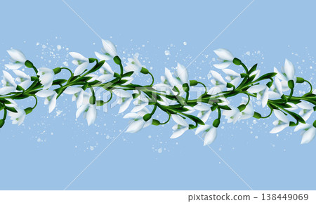 White snowdrops, green branches, splashes. Seamless floral botanical border. Digital watercolor hand drawn. For design of invitations, certificates, postcards, posters, flyers, textiles, stationery White snowdrops, green branches, splashes. Seamless floral botanical border. Digital watercolor hand drawn. For design of invitations, certificates, postcards, posters, flyers, textiles, stationery 138449069