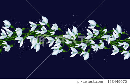 White snowdrops, green branches, splashes. Seamless floral botanical border. Digital watercolor hand drawn. For design of invitations, certificates, postcards, posters, flyers, textiles, stationery White snowdrops, green branches, splashes. Seamless floral botanical border. Digital watercolor hand drawn. For design of invitations, certificates, postcards, posters, flyers, textiles, stationery 138449070