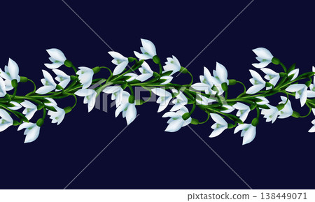 White snowdrops, green branches. Seamless floral botanical border. Digital watercolor hand drawn. For design of invitations, certificates, postcards, posters, flyers, textiles, stationery White snowdrops, green branches. Seamless floral botanical border. Digital watercolor hand drawn. For design of invitations, certificates, postcards, posters, flyers, textiles, stationery 138449071