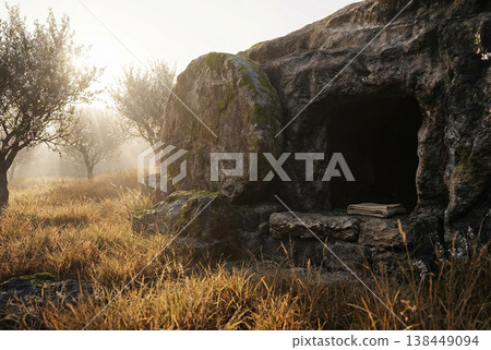Sunlit Empty Tomb with Rolled Stone in Morning Light Sunlit Empty Tomb with Rolled Stone in Morning Light 138449094