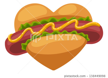 Love of Hot Dog Heart Shaped Fast Food Concept Love of Hot Dog Heart Shaped Fast Food Concept 138449098
