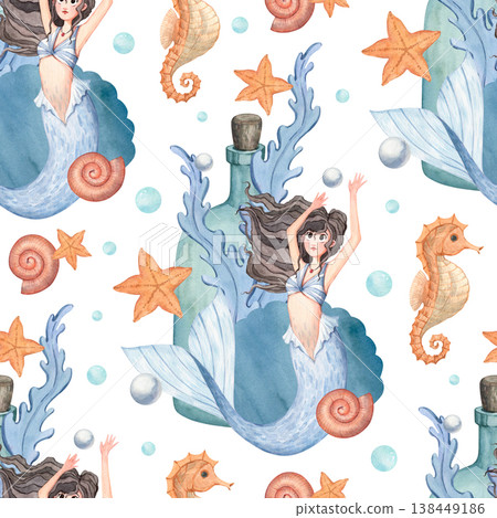 Watercolor pattern with a mermaid, seahorse, and shells Watercolor pattern with a mermaid, seahorse, and shells 138449186