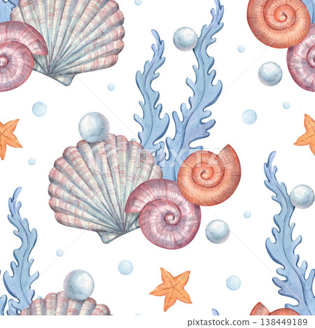 A seamless watercolor pattern featuring beautiful shells and pearls A seamless watercolor pattern featuring beautiful shells and pearls 138449189