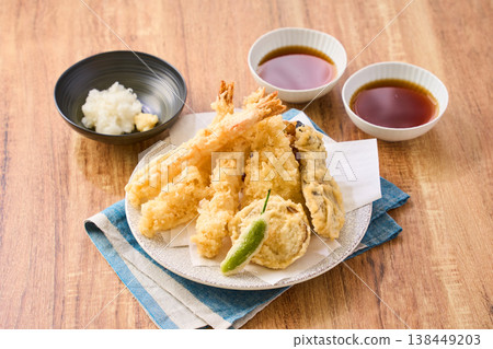 Assorted tempura: Shrimp, white fish, eggplant, shishito pepper, sweet potato 138449203