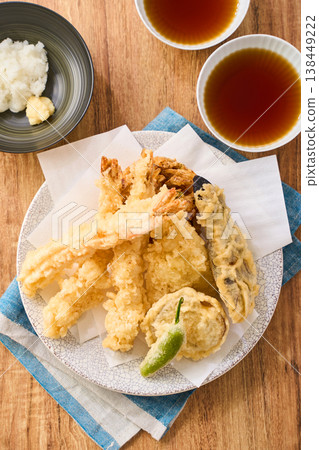 Assorted tempura: Shrimp, white fish, eggplant, shishito pepper, sweet potato 138449222