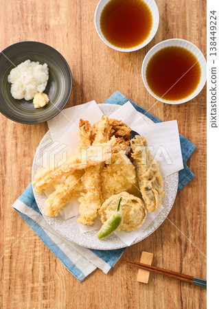 Assorted tempura: Shrimp, white fish, eggplant, shishito pepper, sweet potato Assorted tempura: Shrimp, white fish, eggplant, shishito pepper, sweet potato 138449224